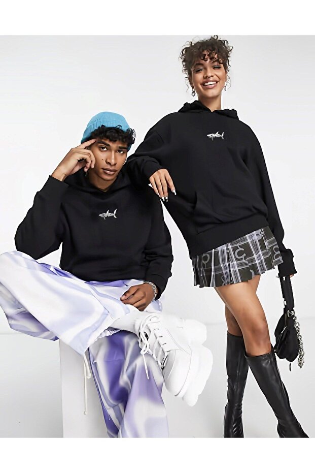 Unisex Oversize Sweatshirt Hoodie Shark Printed Black – Hooded, Kangaroo Pocket, 3 Threaded Drawstrings