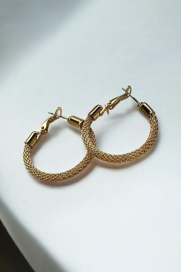 Büyük Hasır Halka Küpe Gold - Hasır Model Simli Örgü Model Gold Halka Küpe - 2