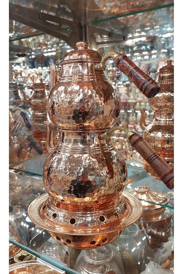 Bakır Çaydanlık & Bakır Demlik El Dövmesi Dövme Desenli Osmanlı Ocaklı Bakır Çaydanlık Büyük Boy - 4