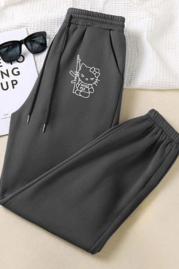 Unisex Hello Kitty Hug Me Printed Elastic Waist and Leg Thermal Lined 3 Thread Jogger Sweatpants