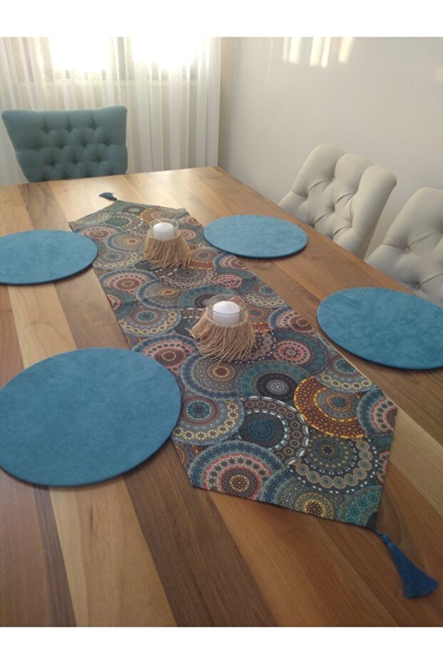 Placemat Set Authentic Patterned Runner 4 Dark Aqua Green Plate - 1