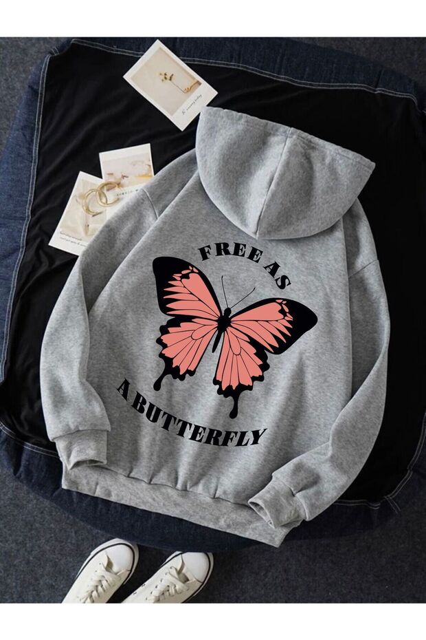 Gray Hooded Sweatshirt - Butterfly Back Printed