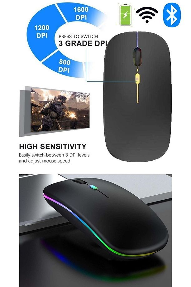 Çift Modlu Kablosuz Bluetooth Mouse Rgb Ledli Şarj Edilebilir Sessiz Tıklama Ergonomik - 8