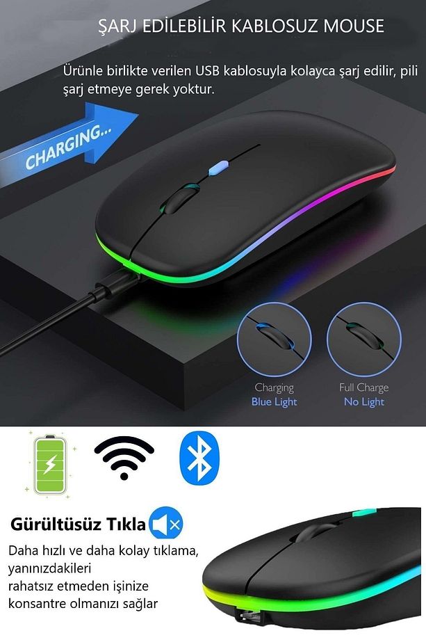 Çift Modlu Kablosuz Bluetooth Mouse Rgb Ledli Şarj Edilebilir Sessiz Tıklama Ergonomik - 9