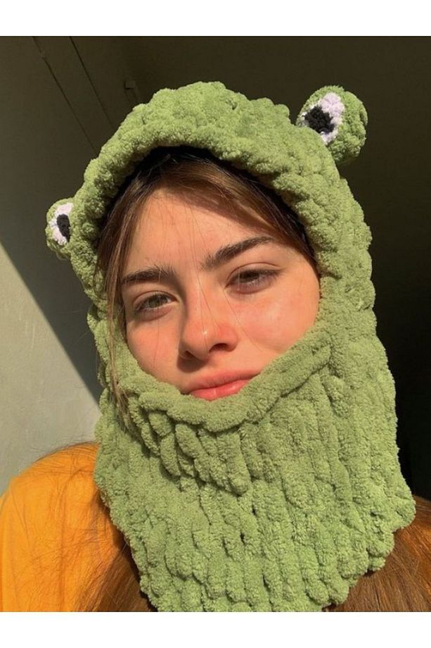Yeşil Kurbağa Puffy Kar Maskesi Balaklava Yeni Trend Bere El Yapımı El Örgüsü Şapka - 1