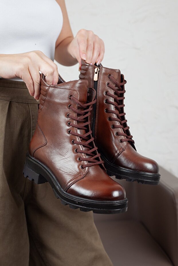 Women's Genuine Leather Side Zipper Boots with Metal Accessories