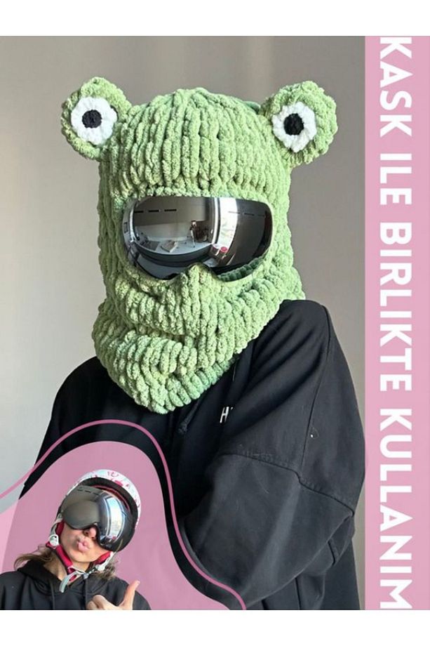Yeşil Kurbağa Puffy Kar Maskesi Balaklava Yeni Trend Bere El Yapımı El Örgüsü Şapka - 5