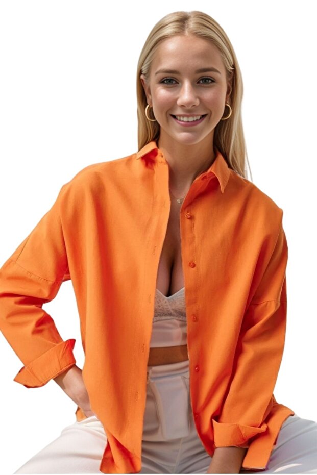 Women's Orange Oversize Long Sleeve Basic Shirt