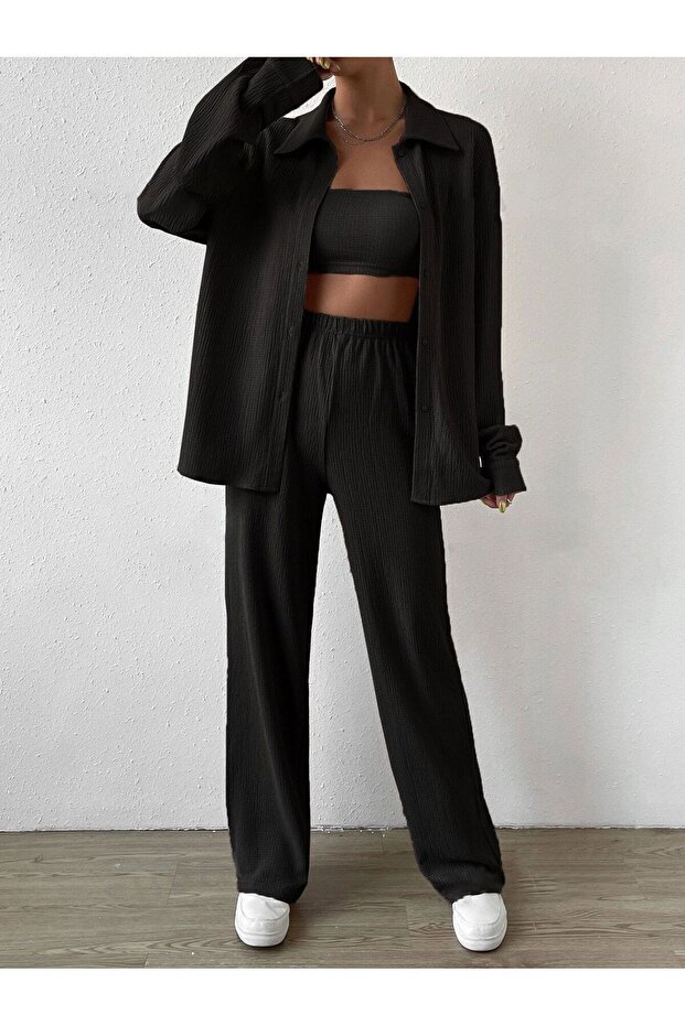 Black Crinkle Shirt, Trousers and Bustier - 3 Piece Set