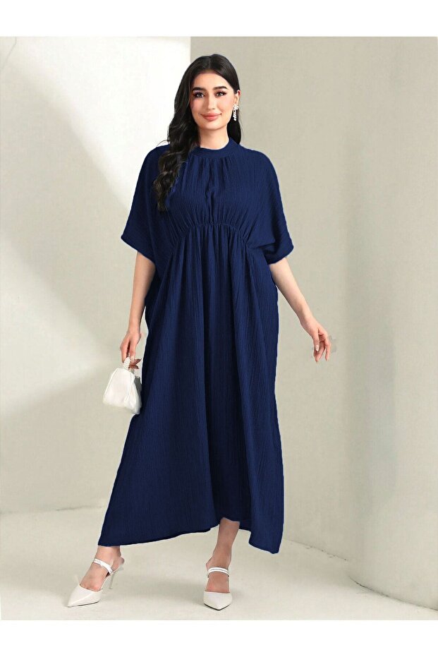 Navy Blue Bat Sleeves Modest Dress