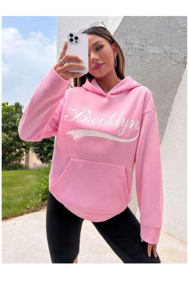Women's 3 Thread Pink New Brooklyn Printed Oversize Hooded Sweatshirt