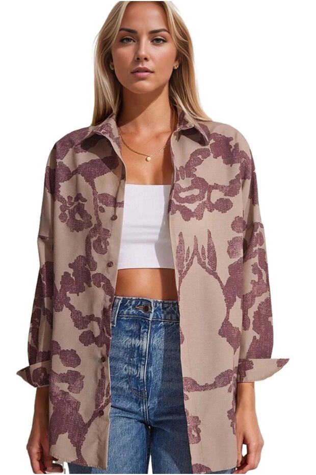 Women's Dusty Rose Beige Patterned Oversize Buttoned Long Basic Shirt