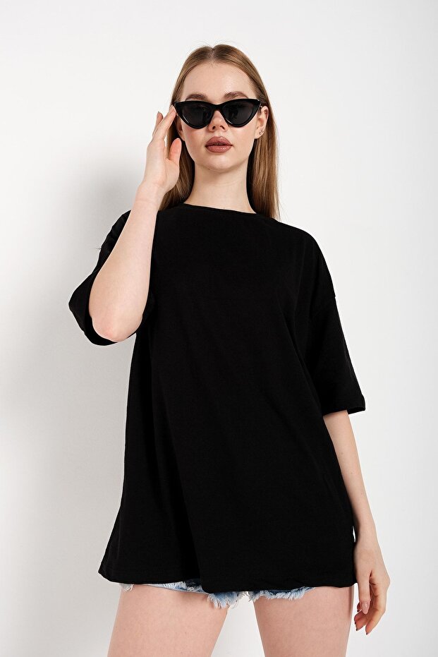 Kadın Siyah Oversize T-shirt - 2