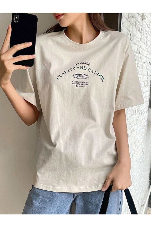Women's Beige Clarity And Candor Printed Oversize T-shirt