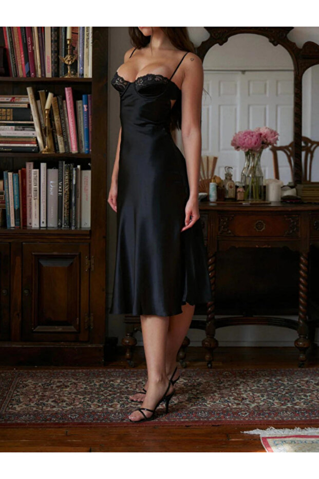 Black Satin Midi Gecelik - 2