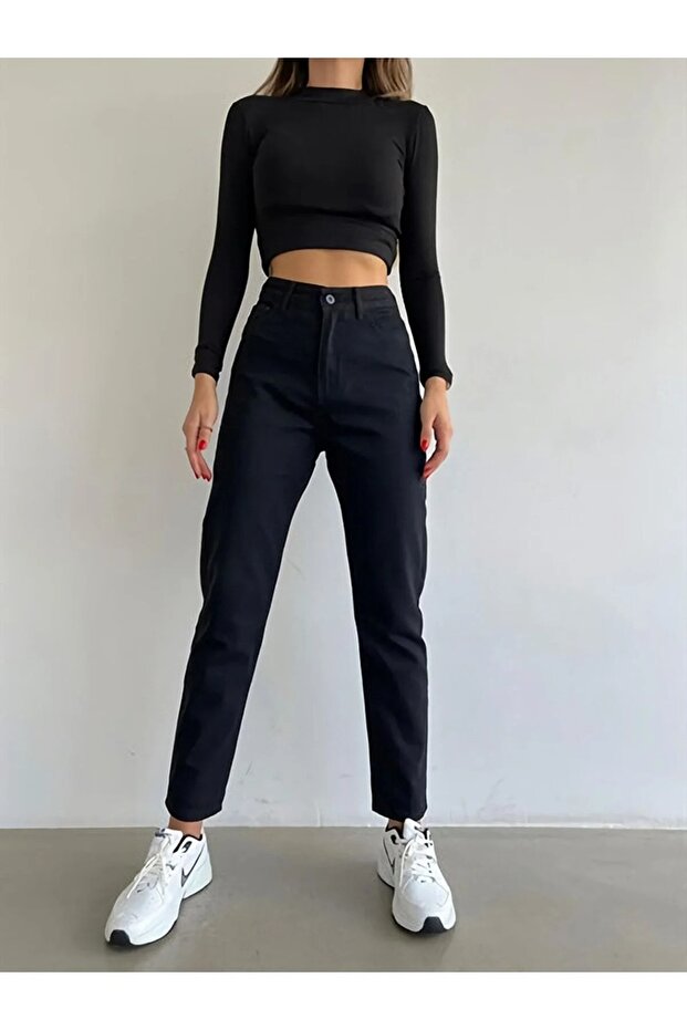 Sude High Waist Black Mom Jeans Power Lycra Stretch Denim Pants