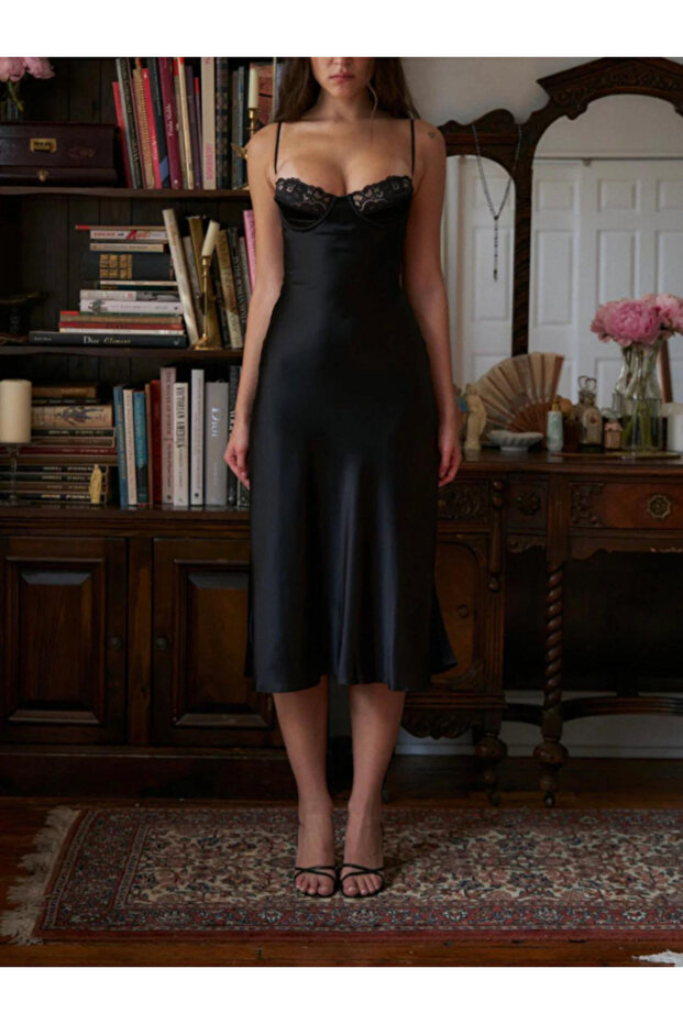 Black Satin Midi Gecelik - 1
