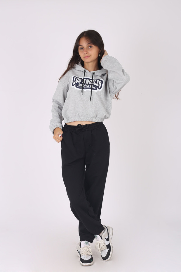 California Printed Hooded Crop-Elastic Bottom Girl's Tracksuit Set
