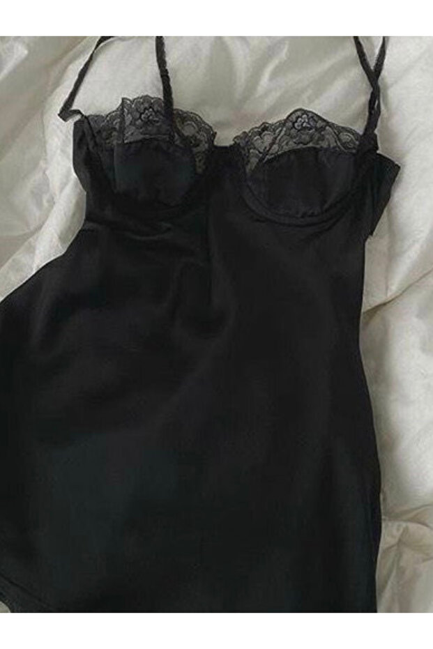 Black Satin Gecelik - 4