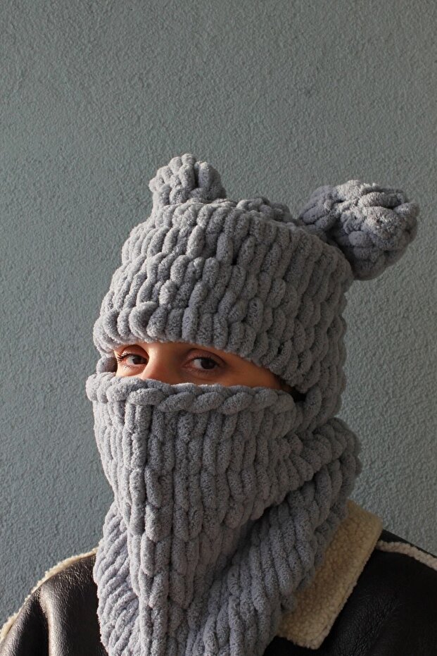 Hand Knitted Soft Teddy Bear Ear Model Puffy Snow Mask Balaclava/balaklava Beanie