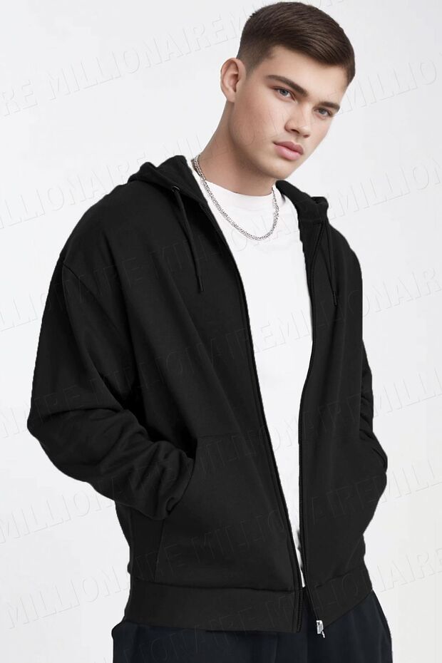 Men's Black Hooded Zipper 3 Three Thread Fleece Kangaroo Oversize Sweatshirt Zip up Hoodie