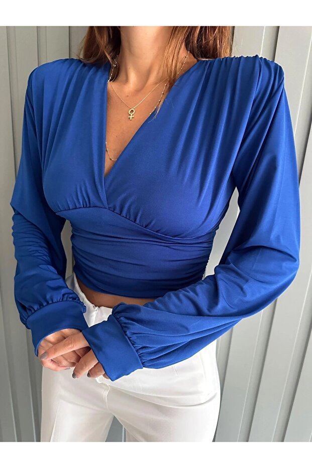 Cobalt Blue V-Neck Women's Knitted Blouse with Waistband - 6808
