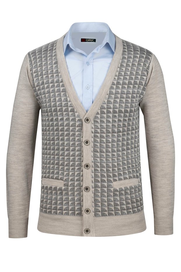 Men's V-Neck Knitwear Stone Cardigan Buttoned Pocket Detail Patterned Steel Knit Classic Fit - 5002m