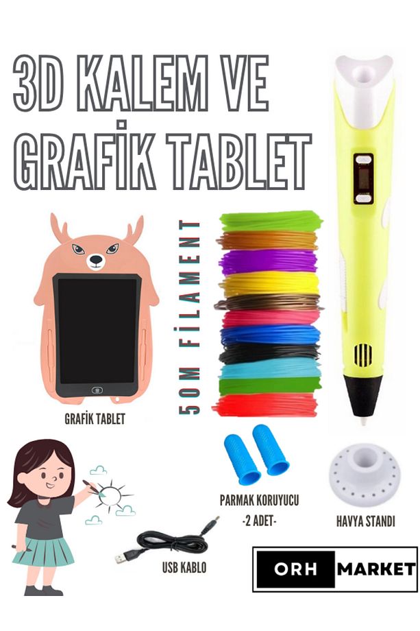 Pembe Geyik Grafik Tablet ve 3D Kalem 3D Pen USB Kablolu Üç Boyutlu Yazıcı Kalem Printer Set - Pembe - 1