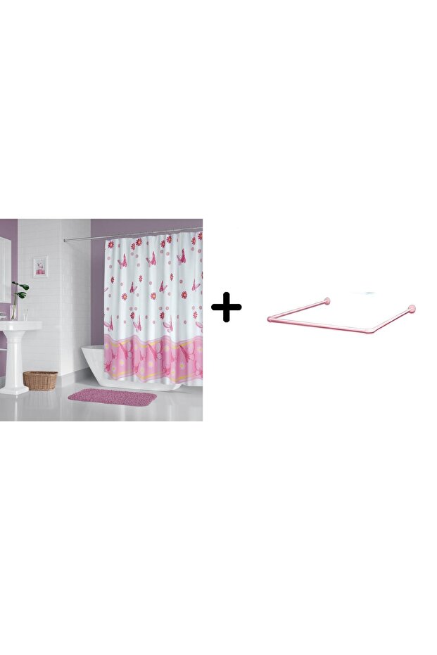 Pink Gift 6020 Model Bathroom Curtain - 1X180X200, Corner Pipe Hanger