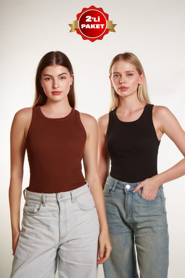 2Li Women's Ribbed Halter Neck T-Shirt Knitted Undershirt 2Lipack