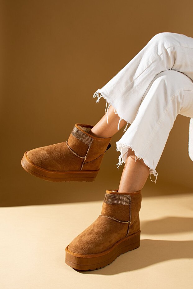 Kadın Taba Nubuk Yarım Bot Içi Tüylü Kalın Rahat Taban Taş Detaylı Bot Bootie Ayakkabı - 2