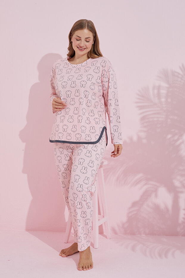 Large Size Salmon Anthracite Rabbit Patterned Knitted Pajamas Set - Curved Piping Oversize 7778 - 2