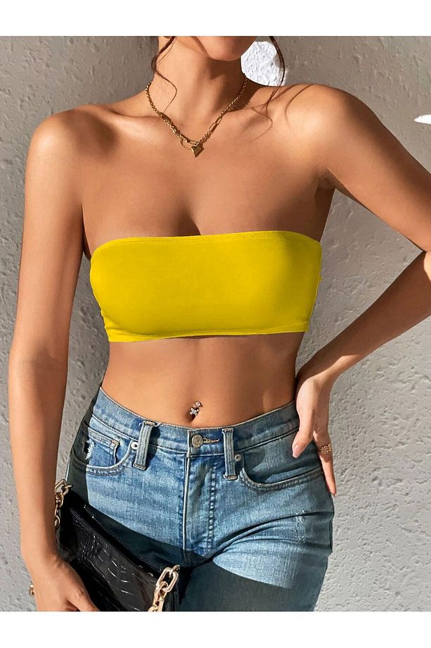 Straplez Sarı Crop Büstiyer - 1
