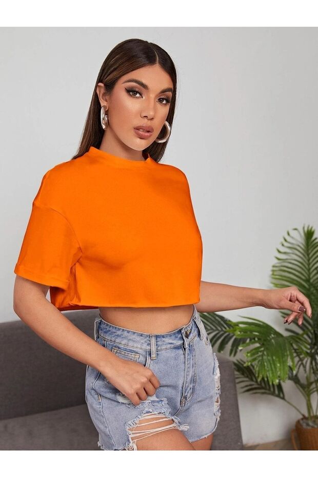 Women's Orange Crew Neck Oversize Crop T-shirt