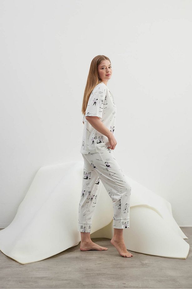Kadın Plus Size Pamuklu Kısa Kollu Gömlek Uzun Pijama Takımı - 3