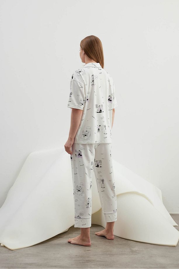 Kadın Plus Size Pamuklu Kısa Kollu Gömlek Uzun Pijama Takımı - 4