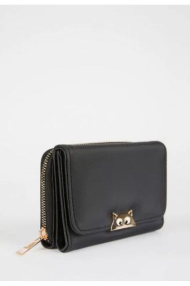 Cat Figured Card Holder Coin Compartment Zippered Medium Size Women's Wallet Black
