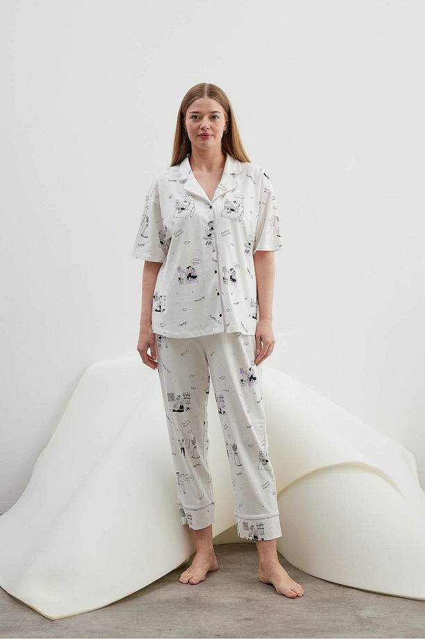 Kadın Plus Size Pamuklu Kısa Kollu Gömlek Uzun Pijama Takımı - 2
