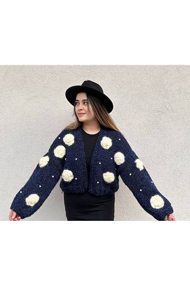 Navy Blue Rose Motif Pearl Cardigan
