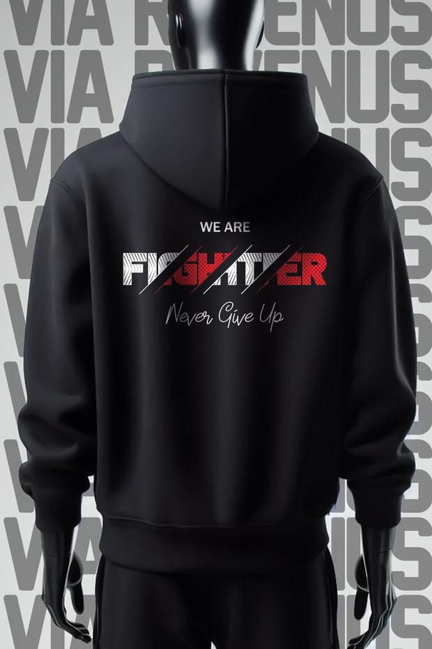Fighter Front and Back Printed 3 Yarn Wide Fit Black Hooded Sweatshirt