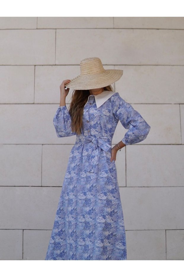 Collar Detailed Vintage Pocketed Buttoned Flower Patterned Blue Fairytale Dress