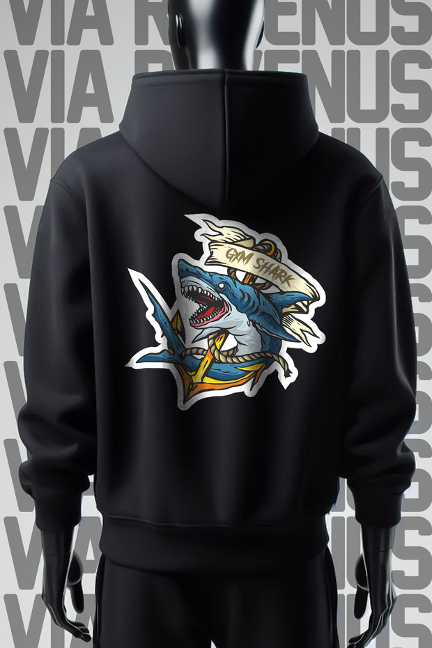 Gym Shark Ön ve Arka Baskılı 3 İplik Geniş Kalıp Siyah Kapüşonlu Sweatshirt - 1