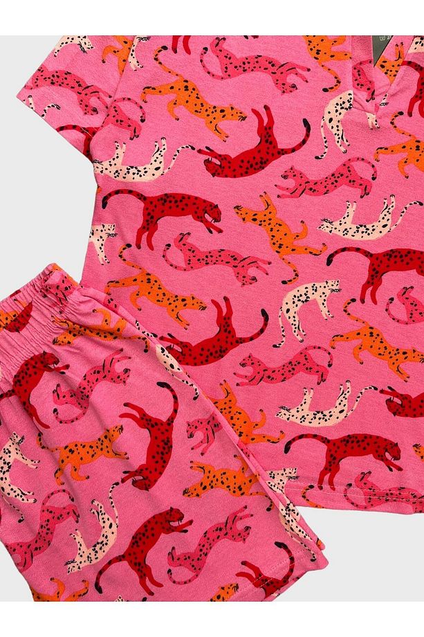 Kadın Krep Kumaş Kaplan Desenli Pembe Kısa Kollu Şortlu Yazlık Pijama Takımı - 3
