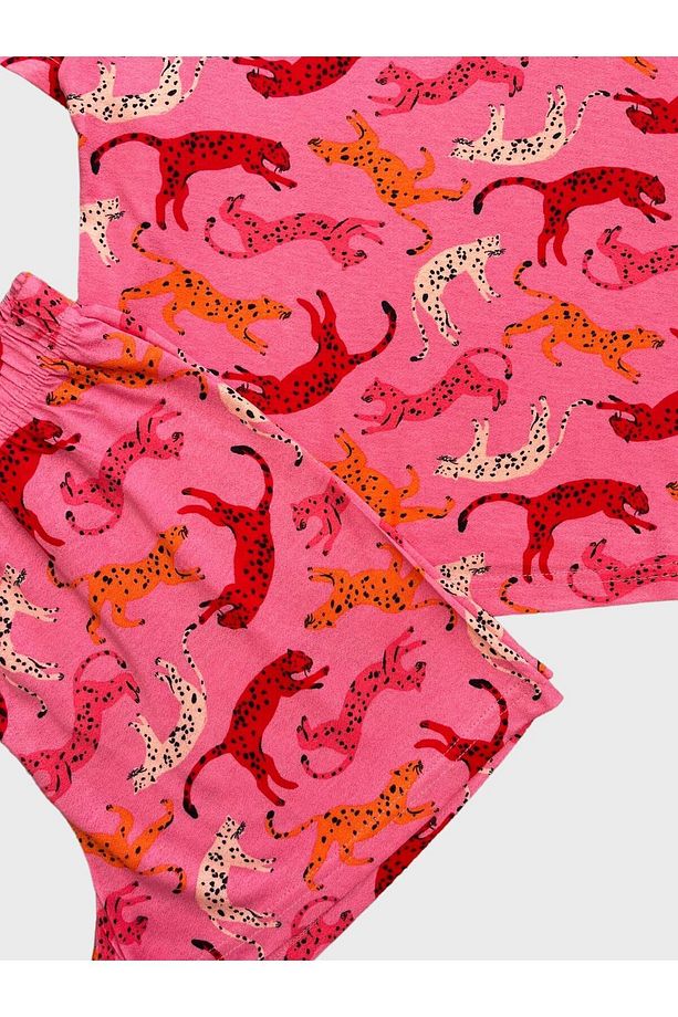 Kadın Krep Kumaş Kaplan Desenli Pembe Kısa Kollu Şortlu Yazlık Pijama Takımı - 7