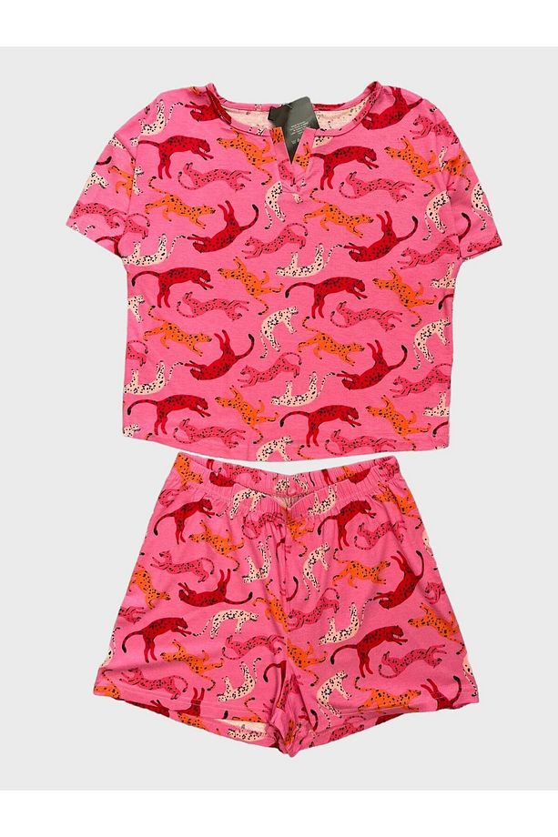 Kadın Krep Kumaş Kaplan Desenli Pembe Kısa Kollu Şortlu Yazlık Pijama Takımı - 1