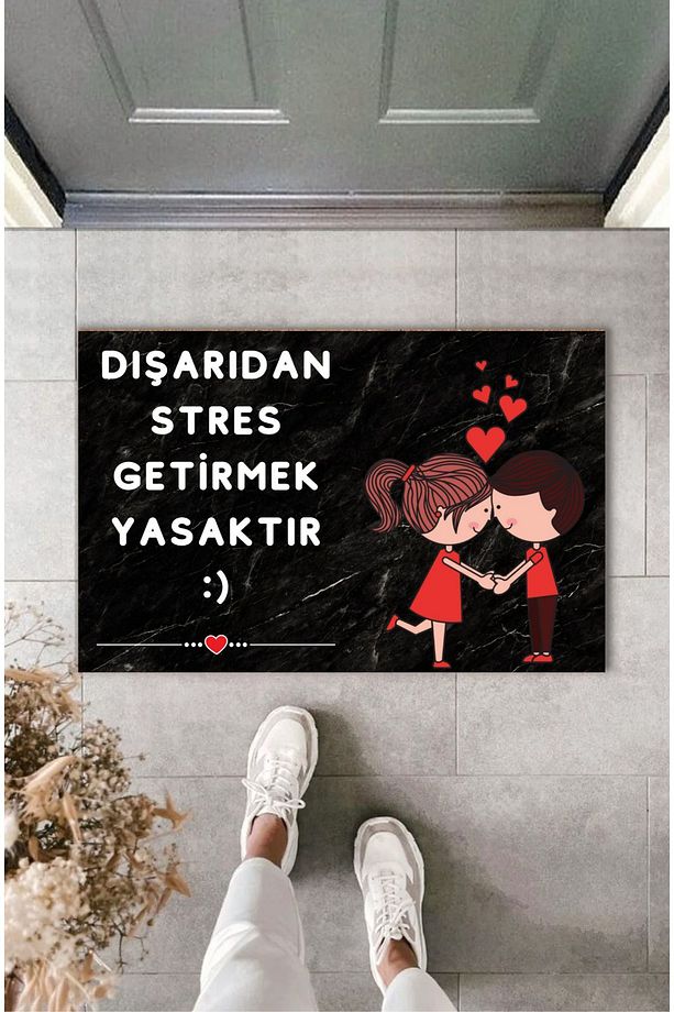 Dijital Baskı Modern Siyah Dışarıdan Stres Getirmek Yasaktır Sevimli Çift Temalı Kapı Önü Paspası - 1