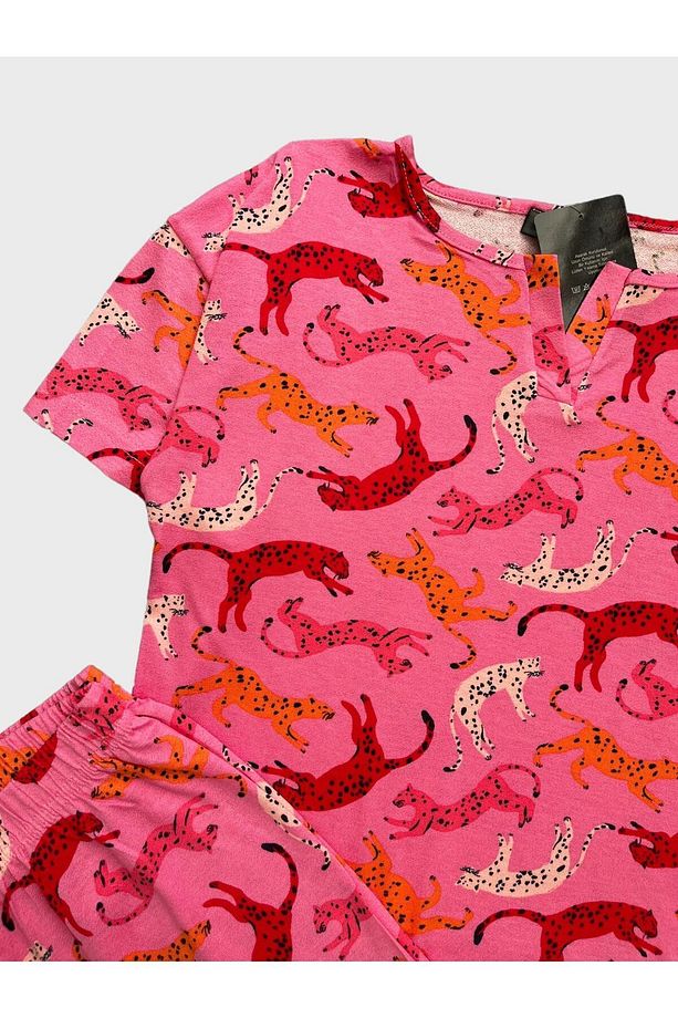 Kadın Krep Kumaş Kaplan Desenli Pembe Kısa Kollu Şortlu Yazlık Pijama Takımı - 4
