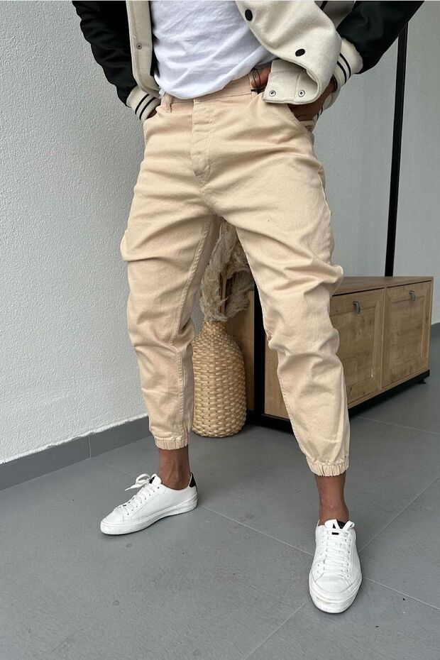 Jogger Elasticized Lycra Beige Color Jeans - 1