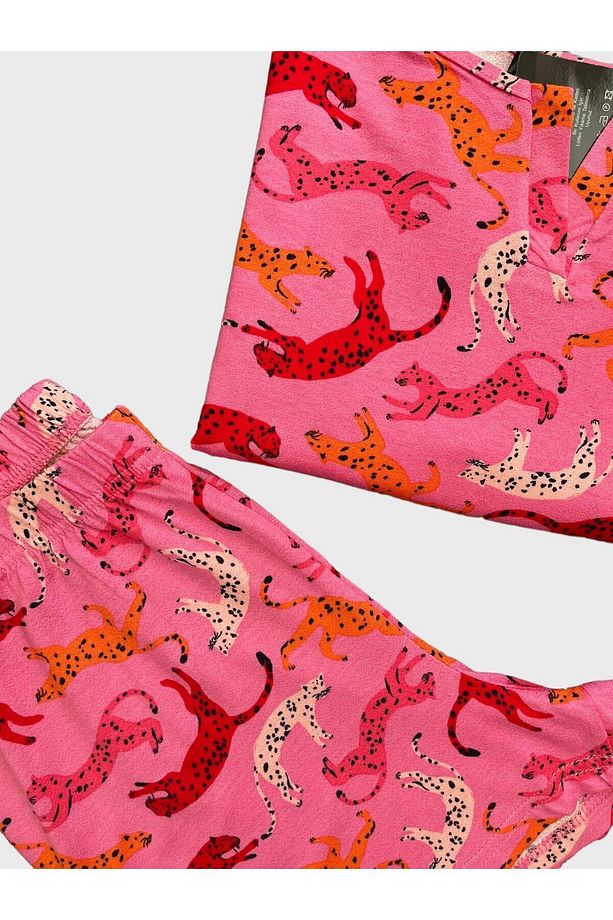 Kadın Krep Kumaş Kaplan Desenli Pembe Kısa Kollu Şortlu Yazlık Pijama Takımı - 6