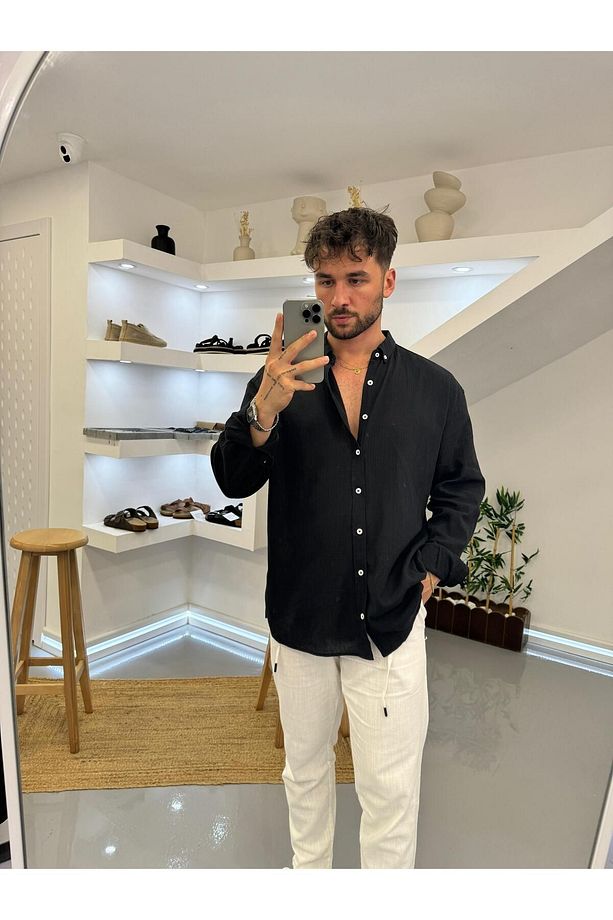 Siyah Oversize Krinkıl Keten Gömlek - 2